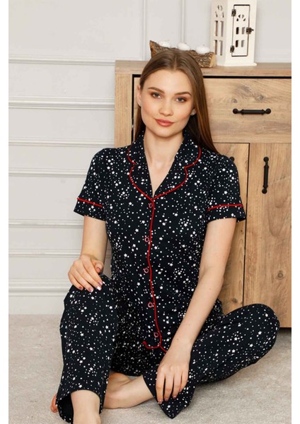 Farya Home Dreamy Pamuklu Yıldız Desenli Biyeli Kısa Kollu Gömlek Pijama Takımı