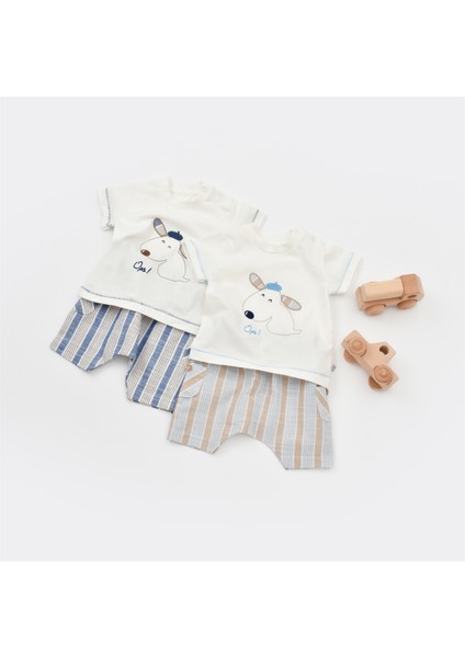 2li Takım Şortlu Stripe Sytle Lacivert - Bej