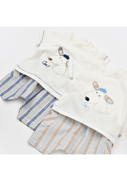 2li Takım Şortlu Stripe Sytle Lacivert - Bej