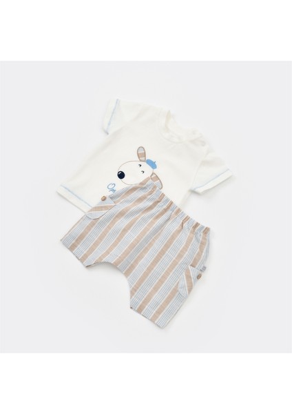 2li Takım Şortlu Stripe Sytle Bej - Mavi