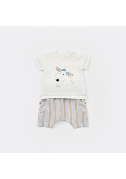2li Takım Şortlu Stripe Sytle Bej - Mavi