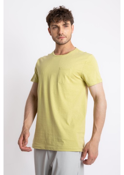 Erkek O-Yaka Cepli T-Shirt Bolsillo - Açık Haki