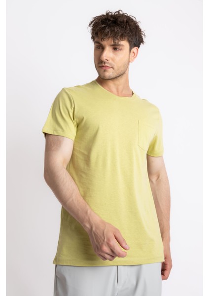 Erkek O-Yaka Cepli T-Shirt Bolsillo - Açık Haki fiyatları