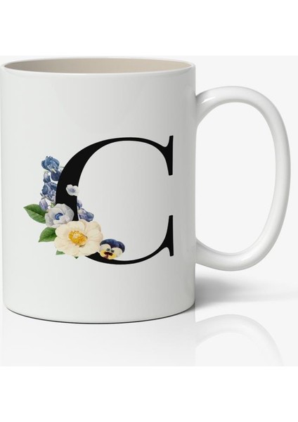 C Harfi Baskılı Çiçek Desenli Dekoratif - Baş Harf Baskılı Kupa Bardak -
