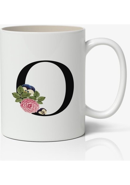 O Harfi Baskılı Çiçek Desenli Dekoratif - Baş Harf Baskılı Kupa Bardak