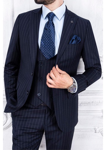 Erkek Slim Fit Sivri Yaka Lacivert Yelekli Takım Elbise fiyatları