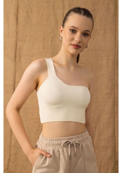 Tek Omuz Crop Top-Krem