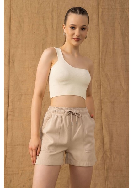 Tek Omuz Crop Top-Krem