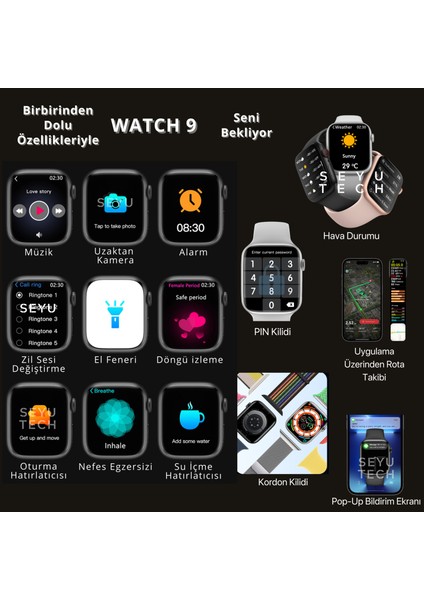 Watch 9 Pro Gümüş Iphone ve Android Tüm Telefonlara Uyumlu Akıllı Saat