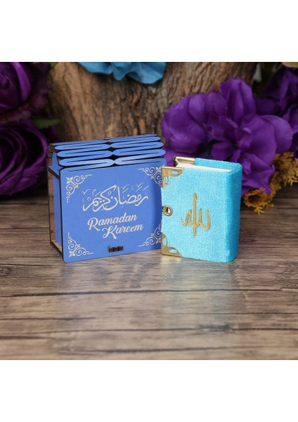 Ramazan Kerim Mini Ahşap Kutu & Mini Kur'an-I Kerim Mavi - Elmalili M. Hamdi Yazır