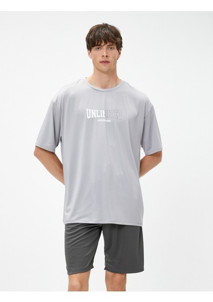 Oversize Spor Tişört Slogan Baskılı Bisiklet Yaka