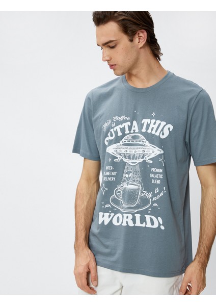 Baskılı Tişört Uzay Temalı Bisiklet Yaka Pamuklu