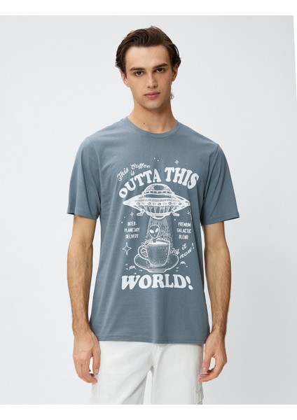 Baskılı Tişört Uzay Temalı Bisiklet Yaka Pamuklu modelleri