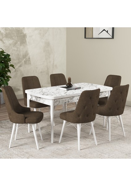 Hera Serisi Açılabilir Mdf Mutfak Salon Masa Takımı 6 Sandalyeli Beyaz Mermer Görünümlü