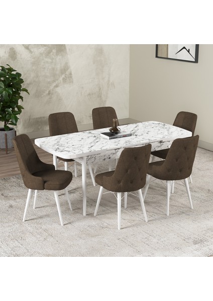 Hera Serisi Açılabilir Mdf Mutfak Salon Masa Takımı 6 Sandalyeli Beyaz Mermer Görünümlü fiyatları