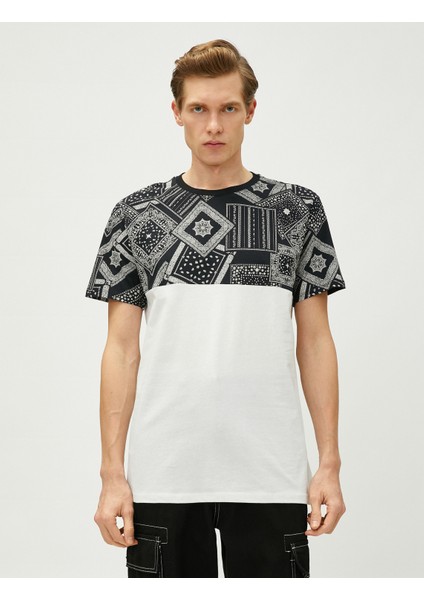 Şal Baskılı Tişört Dar Kesim Bisiklet Yaka Pamuklu Bloklu modelleri