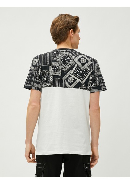Şal Baskılı Tişört Dar Kesim Bisiklet Yaka Pamuklu Bloklu fırsatları