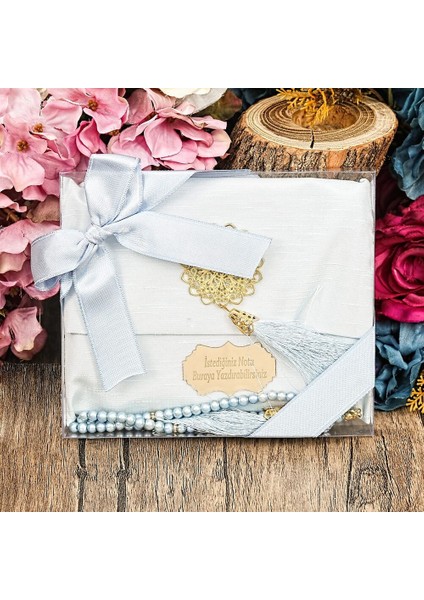 Hediyelik Şantuk Kese 128 Sayfa Yasin ve Tesbih Süslemeli Asetat Kutulu (17×15) Set Bebek Mavisi