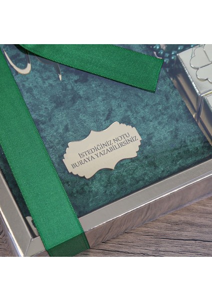 Hediyelik Kadife Kaplı Yasin (Çanta Boy), Inci Tesbih, Kuş Lokumu, gold Asetat Kutulu (20×20) Mevlid Paketi-Yeşil