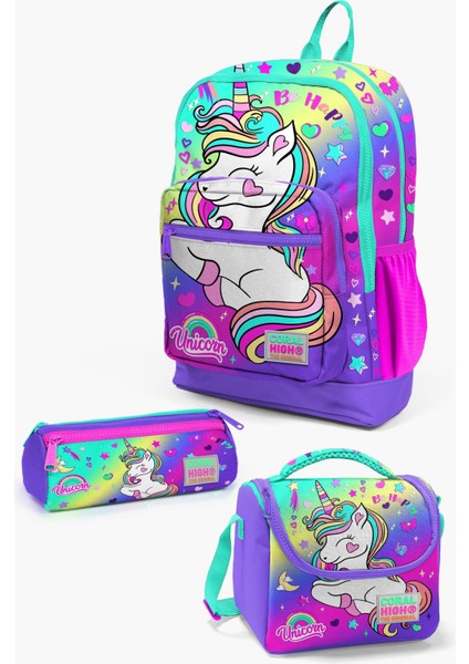 Kids Lavanta Su Yeşili Unicorn Desenli 3’lü Okul Çanta Seti SET0123729