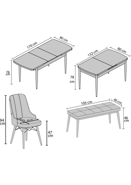 Hera Serisi Açılabilir Mdf Mutfak Salon Masa Takımı 4 Sandalye+1 Bench
