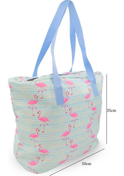 Unisex Kadın 2 Cepli Baskılı Flamingo Desenli Günlük Fermuarlı Omuz Kol Plaj Çantası Turkuaz modelleri