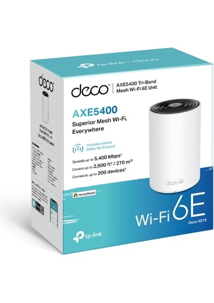 Deco XE75(1-pack), AXE5400, 6GHZ ve 160MHZ, WPA3 Koruması, Gigabit Portları, 200 Cihaza Kadar Bağlanılabilirlik, 270 m²'ye kadar kapsama, Yapay Zeka Desteği, Tri-Band Wi-Fi 6E Mesh Sistemi