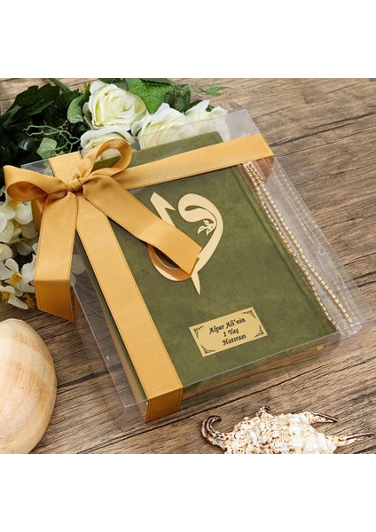 Hediyelik Kadife Kaplı Kur'an-I Kerim (Orta Boy 16×24), Tesbih, Asetat Kutulu (25×18) Set Yeşil