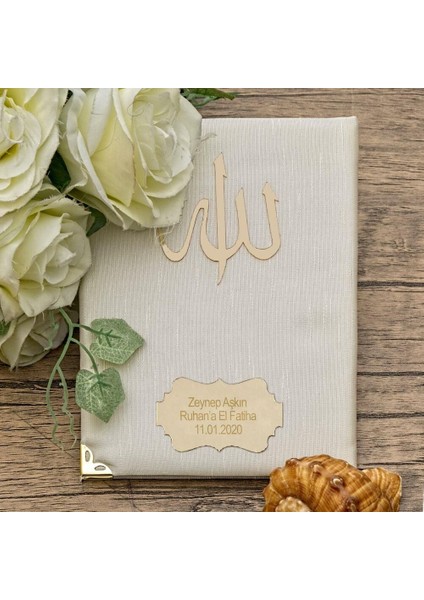 Hediyelik Şantuk Yasin Kitabı, Inci Tesbih, Süslemeli Asetat Kutulu (17×15) Dini Set-Krem