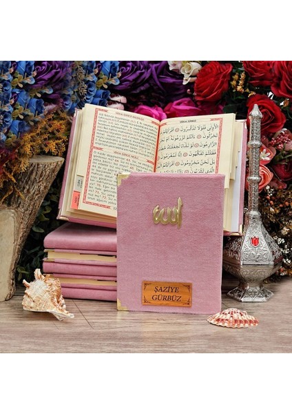 Hediyelik Yasin Kitabı Kadife Kaplı (Çanta Boy), Kokulu Tesbih, Asetat Kutulu (20×20) Mevlid Paketi-Pembe