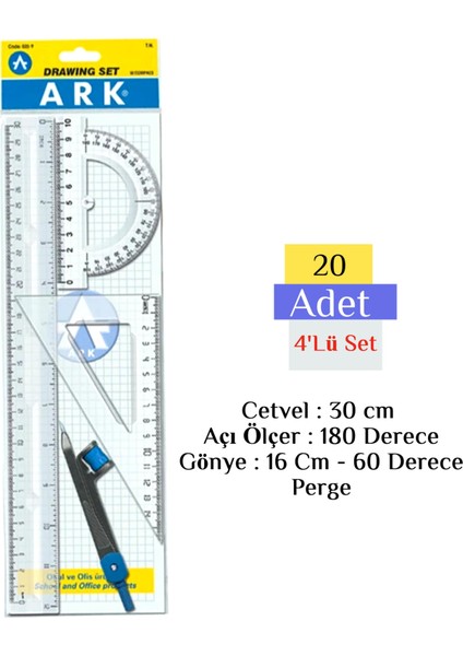 Çizim Seti 30 cm Cetvelli 4 Parça 20 Adet