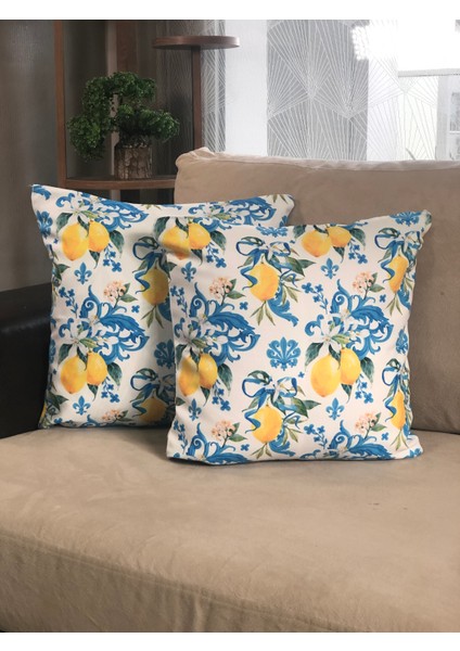 Desenizmir Dekoratif Kırlent Limon Çiçeği Desen Kılıfı 2'li