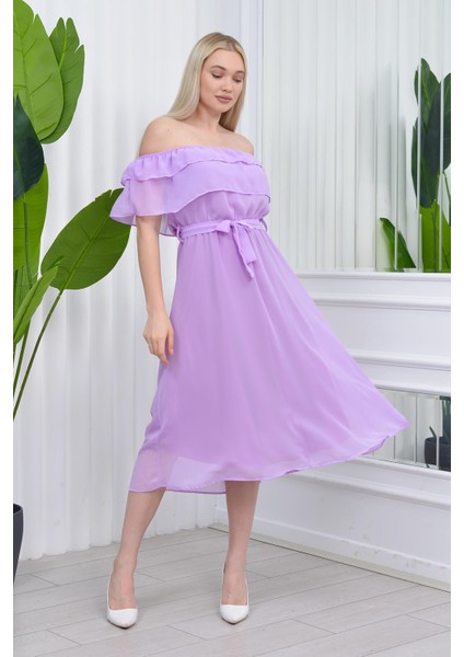 Kadın Carmen Yaka Astarlı Şifon Elbise RY8060 - Lila modelleri