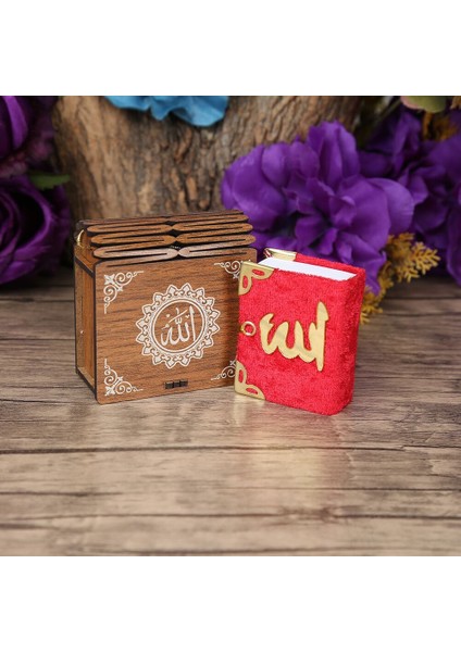 Mini Ahşap Kutu & Mini Kur'an-I Kerim Kırmızı - Elmalılı Hamdi Yazır