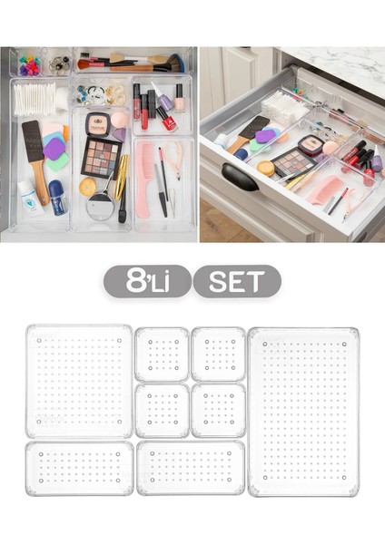 8 Parça Banyo Kozmetik Takı Düzenleyici Makyaj Organizer - Modüler Çekmece Içi Düzenleyici