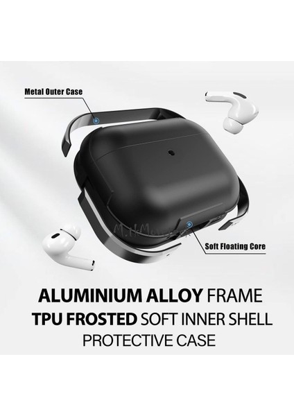 Airpods Pro 1.nesil Kulaklık Kılıfı Uyumlu Armor Metal Aleminyum Çerçeveli Anahtarlıklı Ip Askılı Kançalı