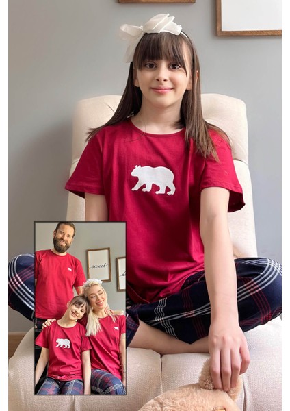 Pijama Evi Bordo Bear Kısa Kol Anne Kız Aile Pijaması - Çocuk Takımı