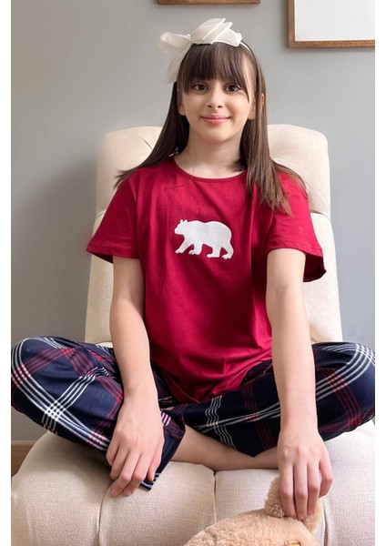 Pijama Evi Bordo Bear Kısa Kol Anne Kız Aile Pijaması - Çocuk Takımı