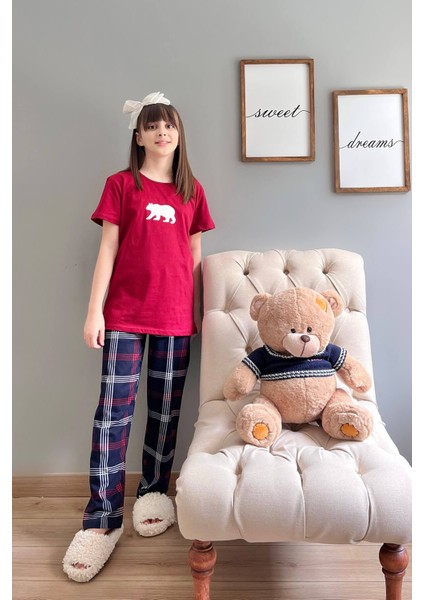 Pijama Evi Bordo Bear Kısa Kol Anne Kız Aile Pijaması - Çocuk Takımı