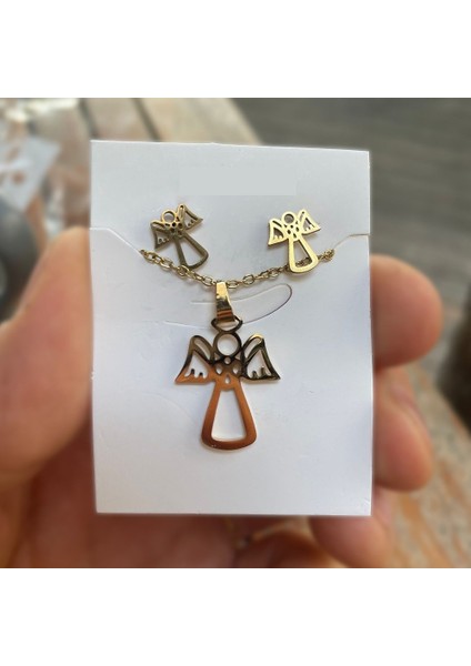 Gold Basic Angel Kolye ve Küpe Seti