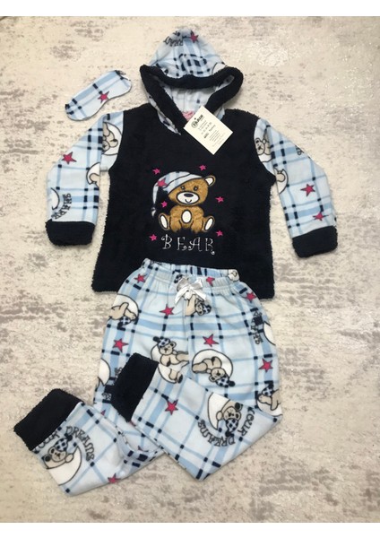 Kapüşonlu Kız Çocuk Polar Welsoft Pijama Takımı Göz Bandı ile Birlikte Bear