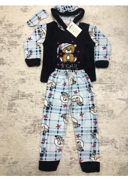 Kapüşonlu Kız Çocuk Polar Welsoft Pijama Takımı Göz Bandı ile Birlikte Bear