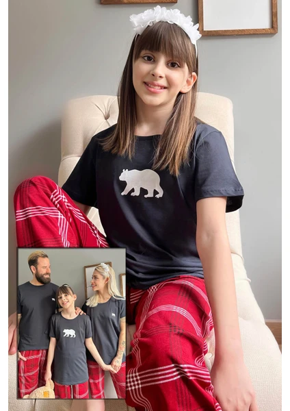 Pijama Evi Lacivert Bear Kısa Kol Anne Kız Aile Pijaması - Çocuk Takımı