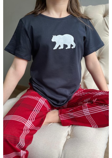 Pijama Evi Lacivert Bear Kısa Kol Anne Kız Aile Pijaması - Çocuk Takımı