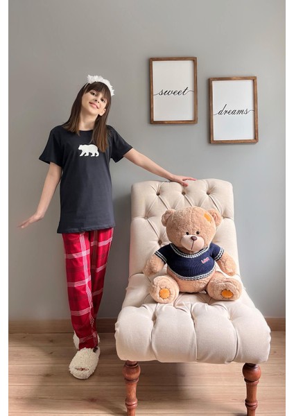 Pijama Evi Lacivert Bear Kısa Kol Anne Kız Aile Pijaması - Çocuk Takımı