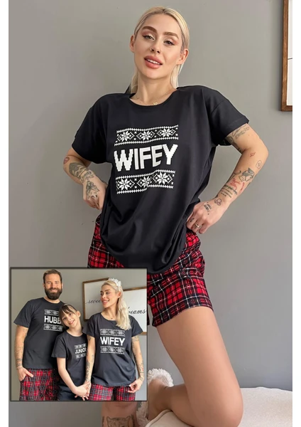 Pijama Evi Lacivert Wifey Şortlu Sevgili Aile Pijaması - Kadın Takımı