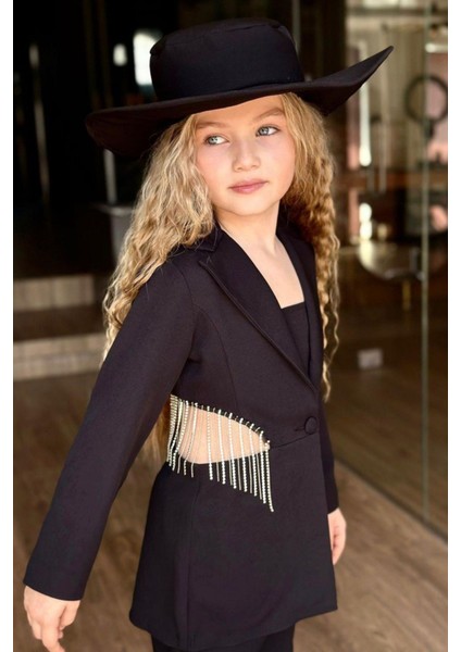 Kız Çocuk Beli ve Sırtı Dekolteli ve Saçaklı Blazer Ceketli Crop ve Pantolonlu Siyah Alt Üst Takım