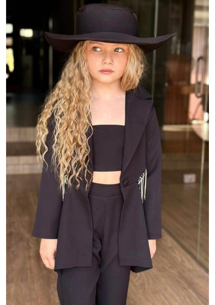Kız Çocuk Beli ve Sırtı Dekolteli ve Saçaklı Blazer Ceketli Crop ve Pantolonlu Siyah Alt Üst Takım