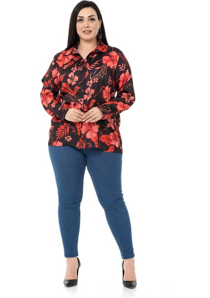 Büyük Beden Siyah Zemin Üzerine Kırmızı Çiçekli Saten Gömlek fiyatları