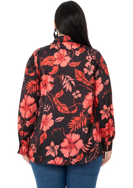 Büyük Beden Siyah Zemin Üzerine Kırmızı Çiçekli Saten Gömlek modelleri
